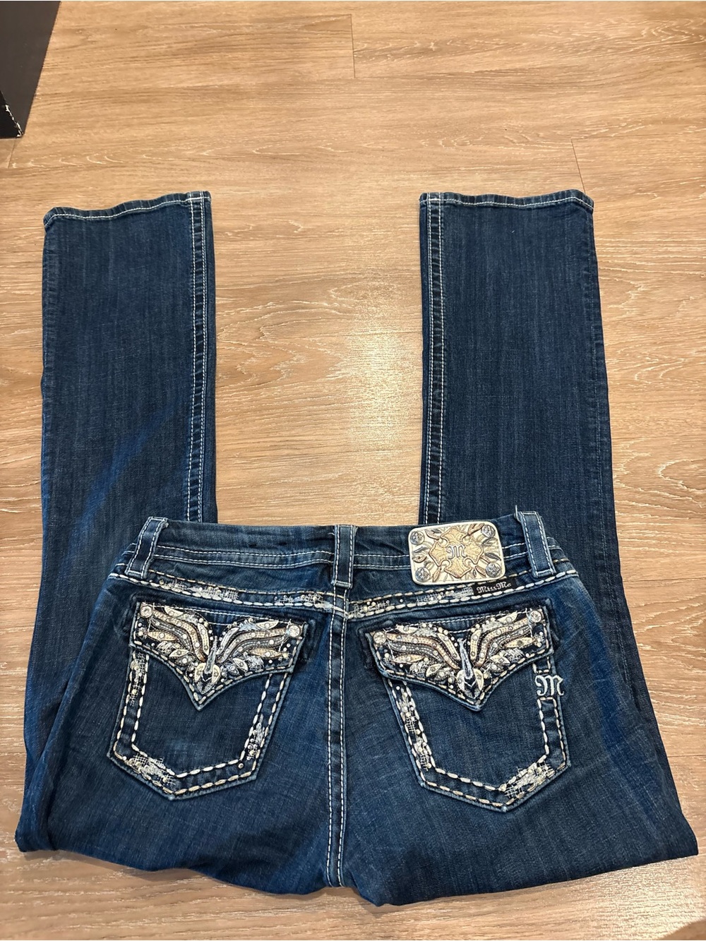Miss Me Dark Blue Boot Cut Jeans with Embellished Back Pockets